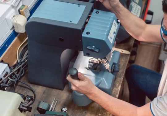 A technician operates a machine to cut a key