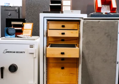 The storage drawers of an American Security safe