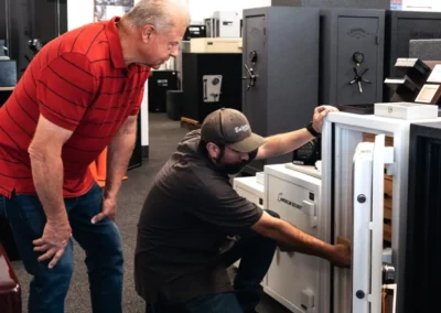 Store owner demonstrating safe shelving
