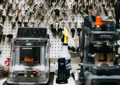 Key cutting machines against a wall of blanks