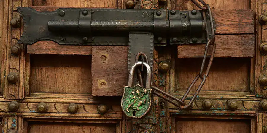 An ancient lock on a heavy wooden door